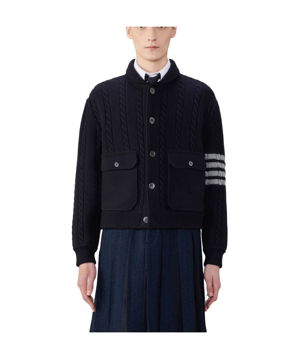 4-Bar Stripe Cable-Knit Bomber Jacket
