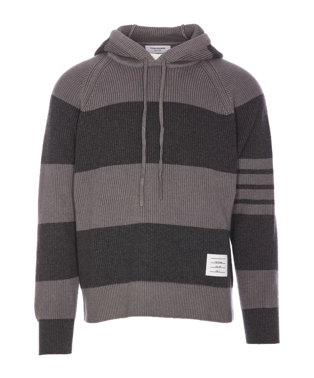 4-Bar Striped Knitted Drawstring Hoodie