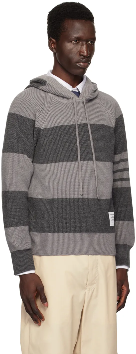4-Bar Striped Knitted Drawstring Hoodie