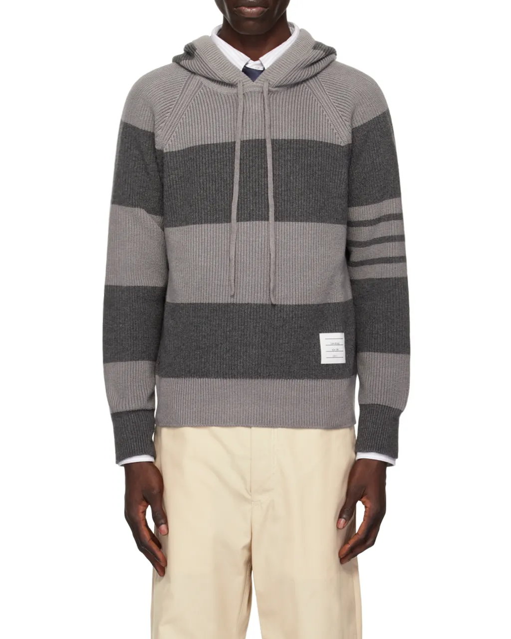 4-Bar Striped Knitted Drawstring Hoodie