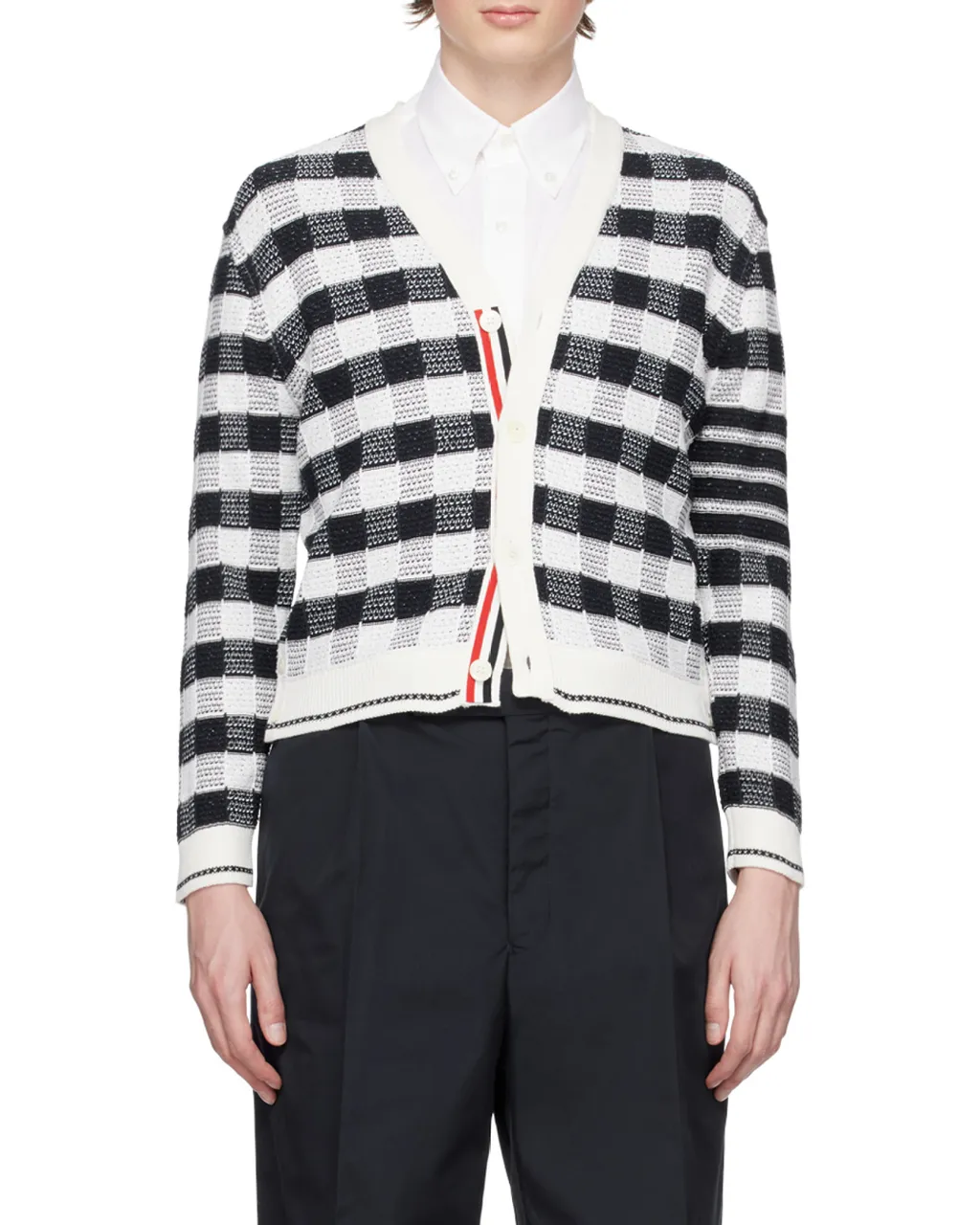 4-Bar Stripe Gingham-Check Cardigan