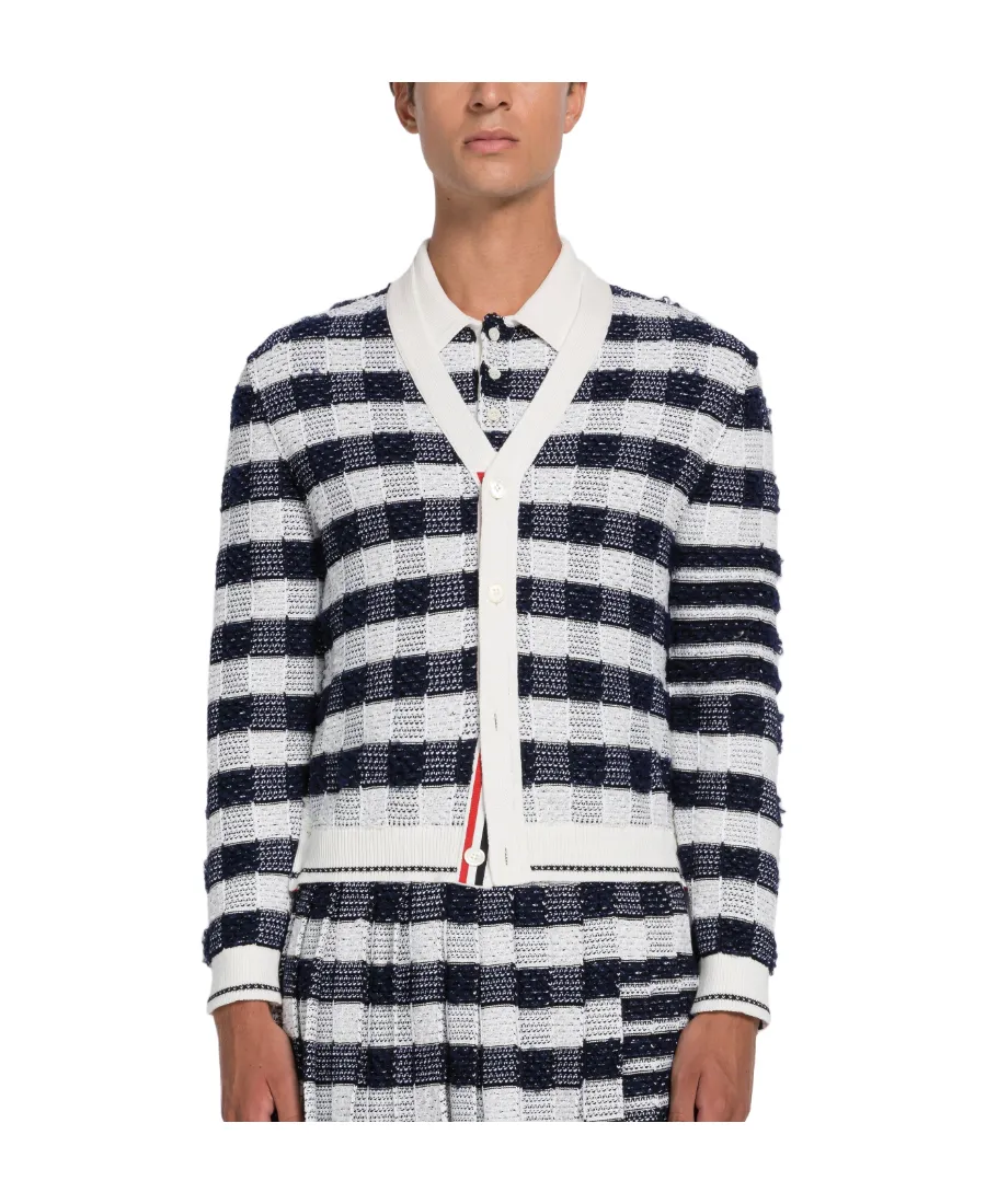 4-Bar Stripe Gingham-Check Cardigan