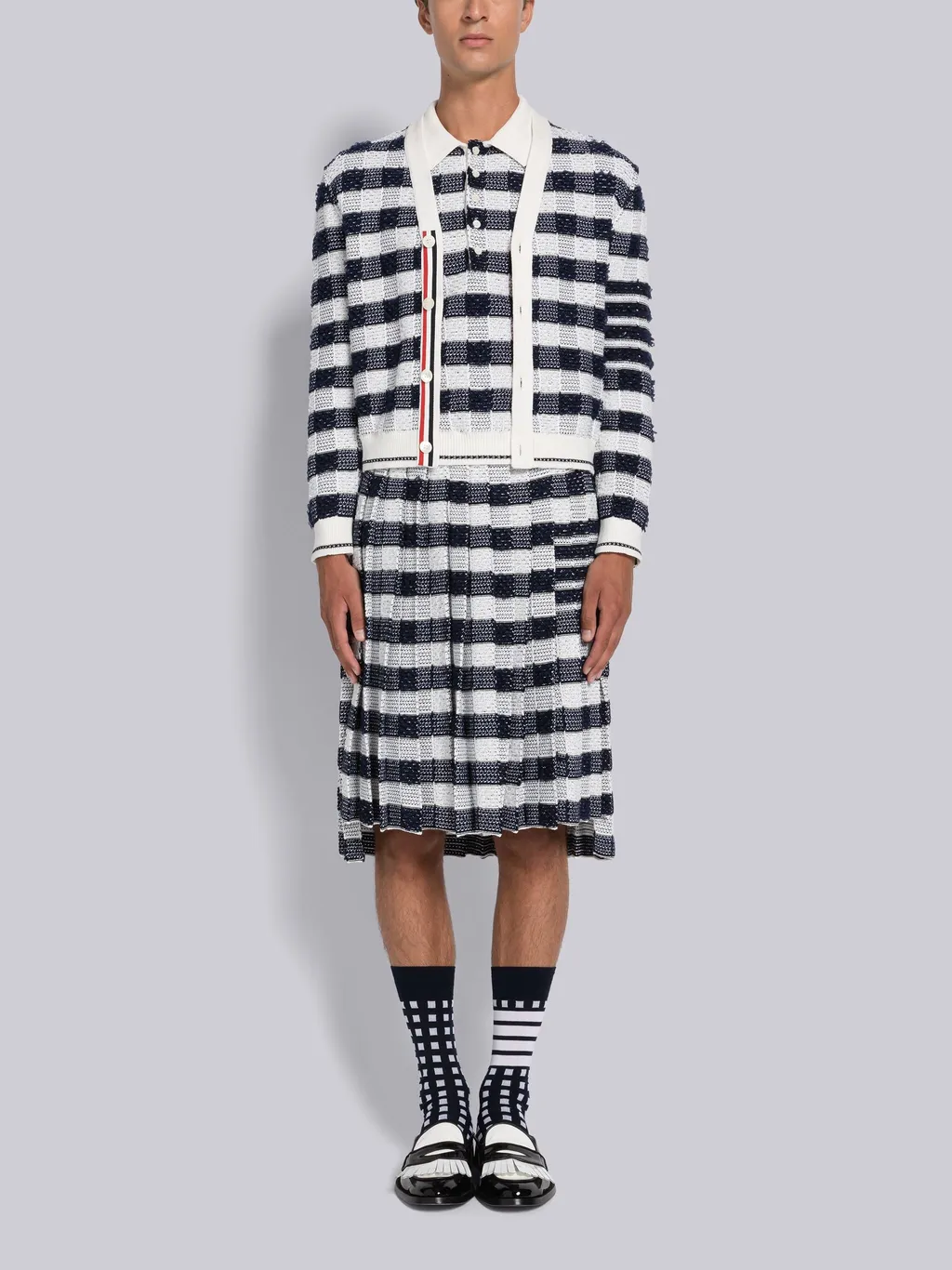 4-Bar Stripe Gingham-Check Cardigan