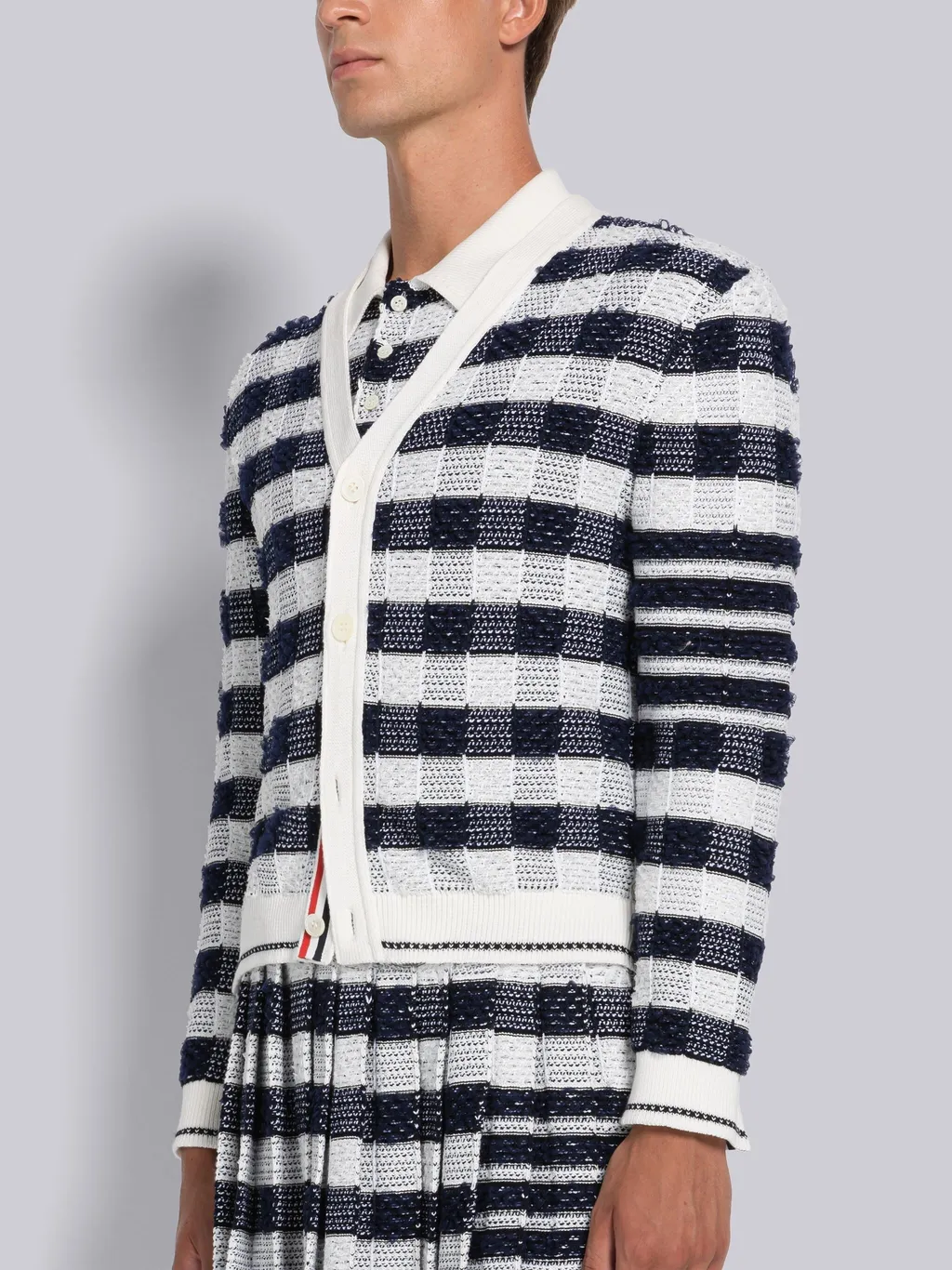 4-Bar Stripe Gingham-Check Cardigan