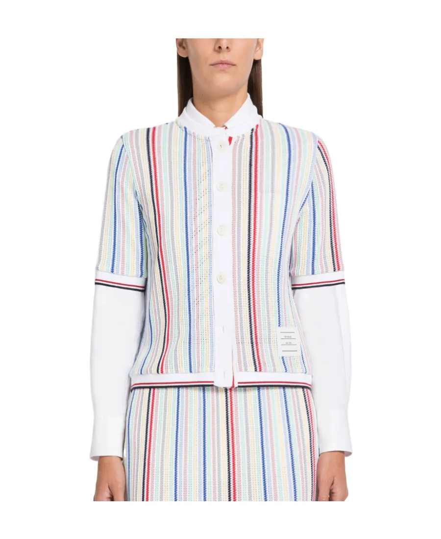 Striped Short-Sleeve Knitted Cardigan