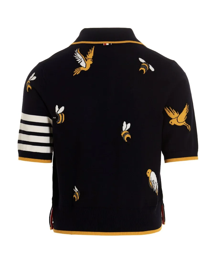 4-Bar Birds Bee Intarsia-Knitted Polo Shirt