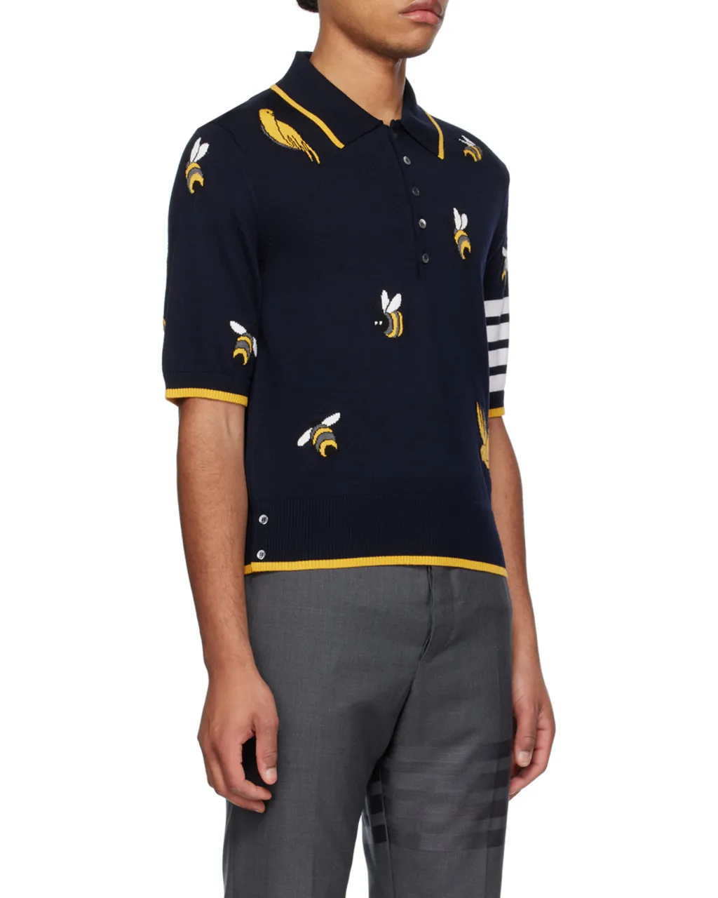 4-Bar Birds Bee Intarsia-Knitted Polo Shirt