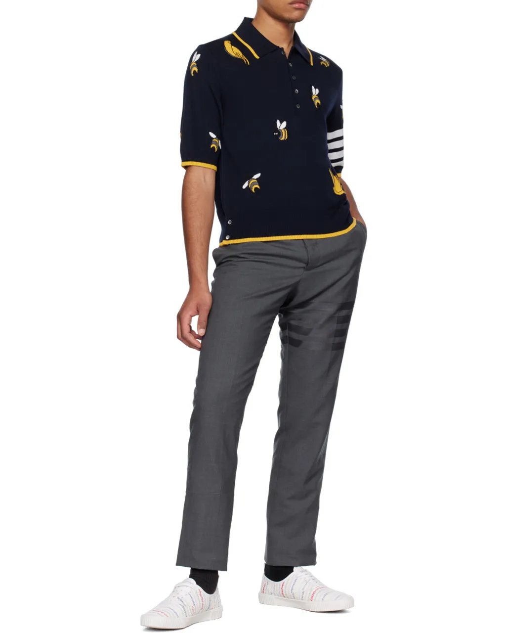 4-Bar Birds Bee Intarsia-Knitted Polo Shirt