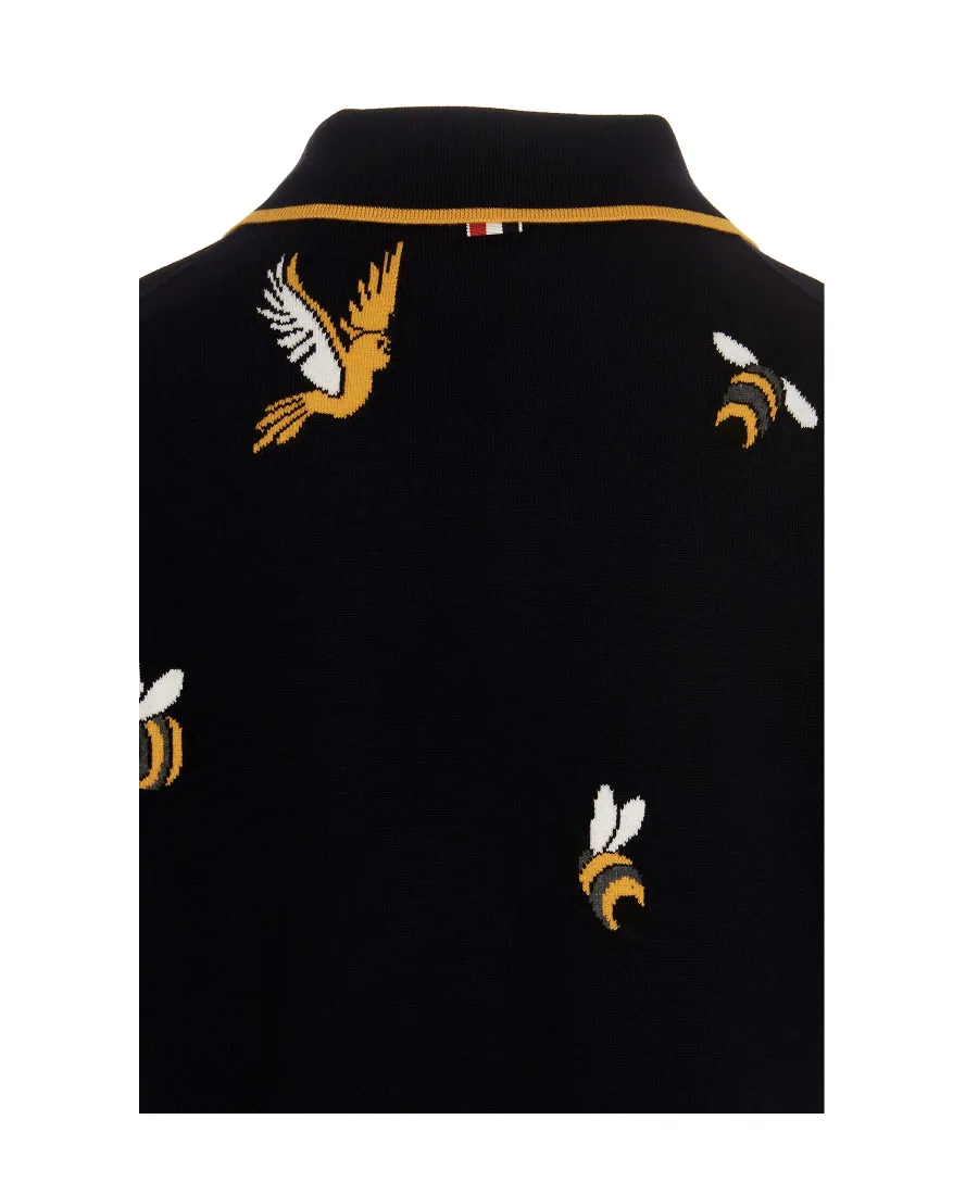4-Bar Birds Bee Intarsia-Knitted Polo Shirt