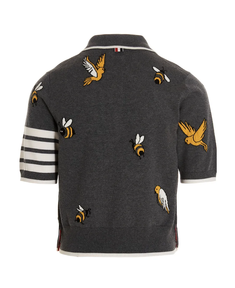 4-Bar Birds Bee Intarsia-Knitted Polo Shirt