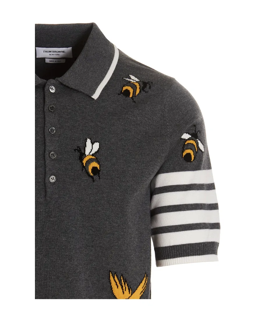 4-Bar Birds Bee Intarsia-Knitted Polo Shirt