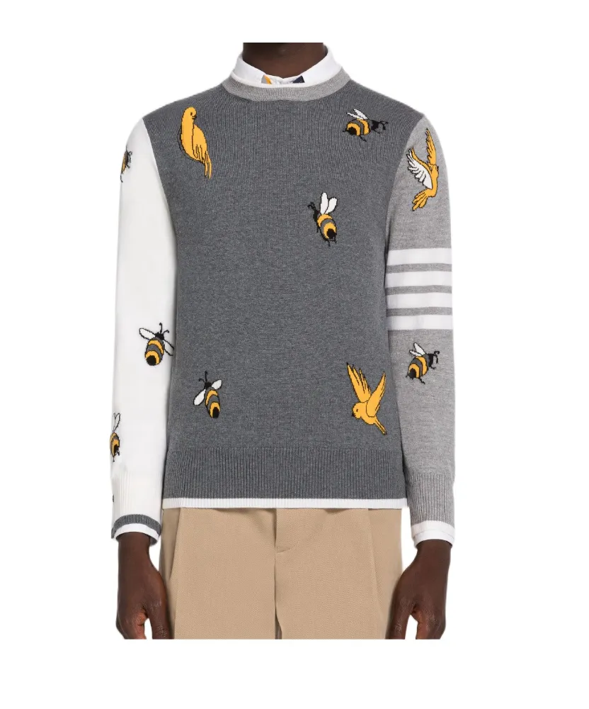 Bird And Bee Intarsia 4-Bar Stripe Sweater