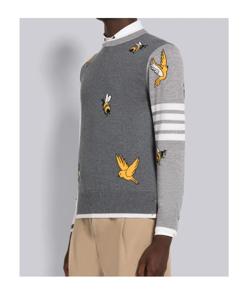 Bird And Bee Intarsia 4-Bar Stripe Sweater