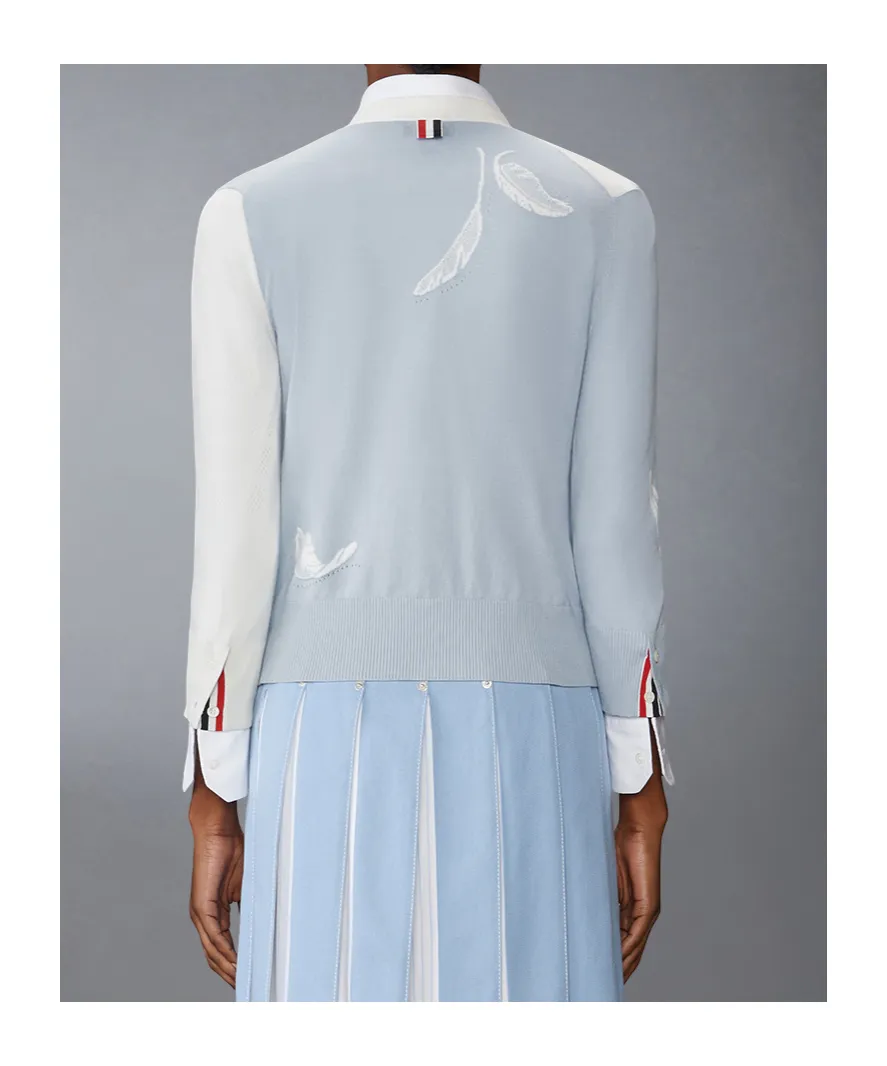 Funmix Feather Intarsia Pointelle Relaxed Fit V-Neck Cardigan