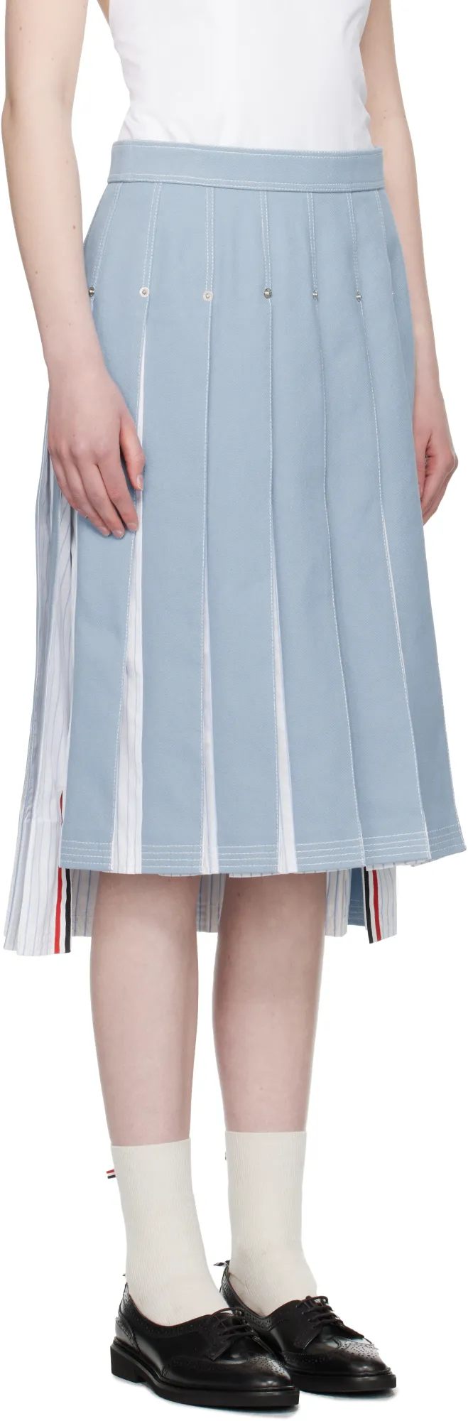Denim Combo Dropped Back Pleated Skirt