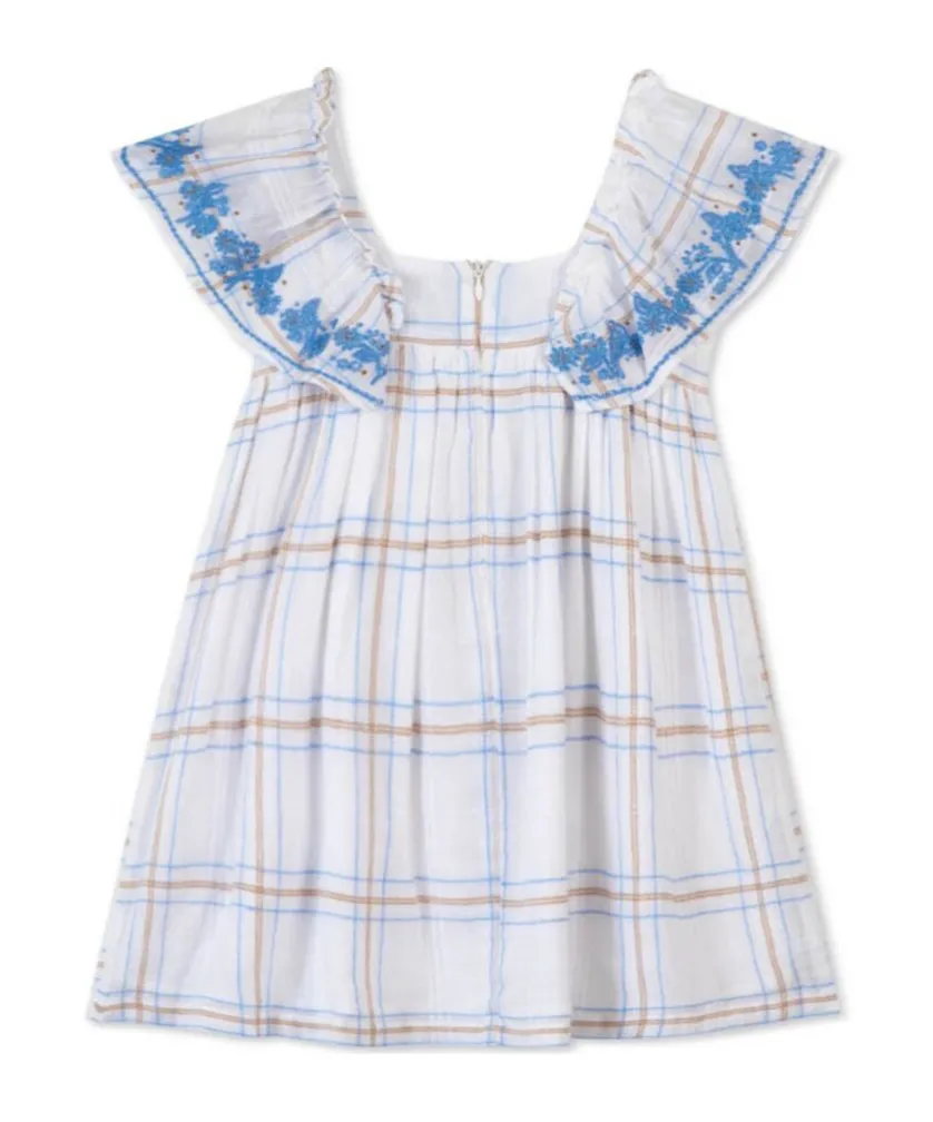 Floral-Embroidered Checked Flared Dress