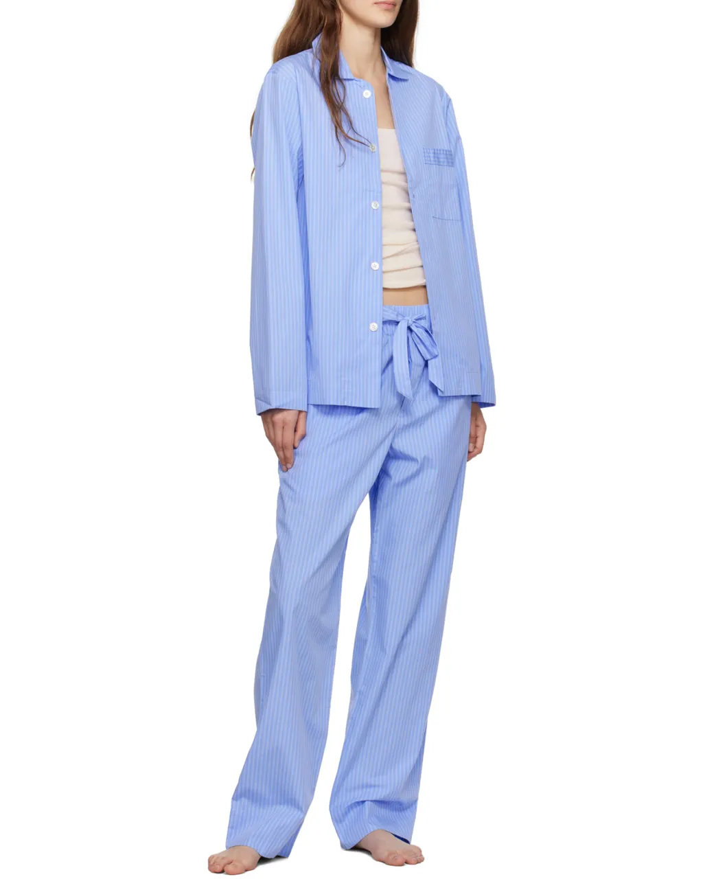 Long Sleeved Pinstriped Poplin Pajama Shirt