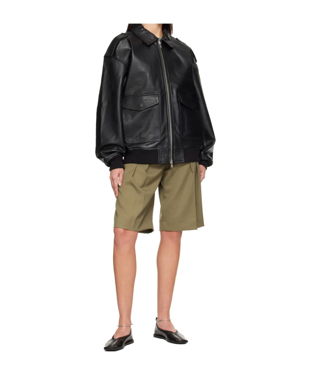 Classic-Collar Pocketed Leather Jacket
