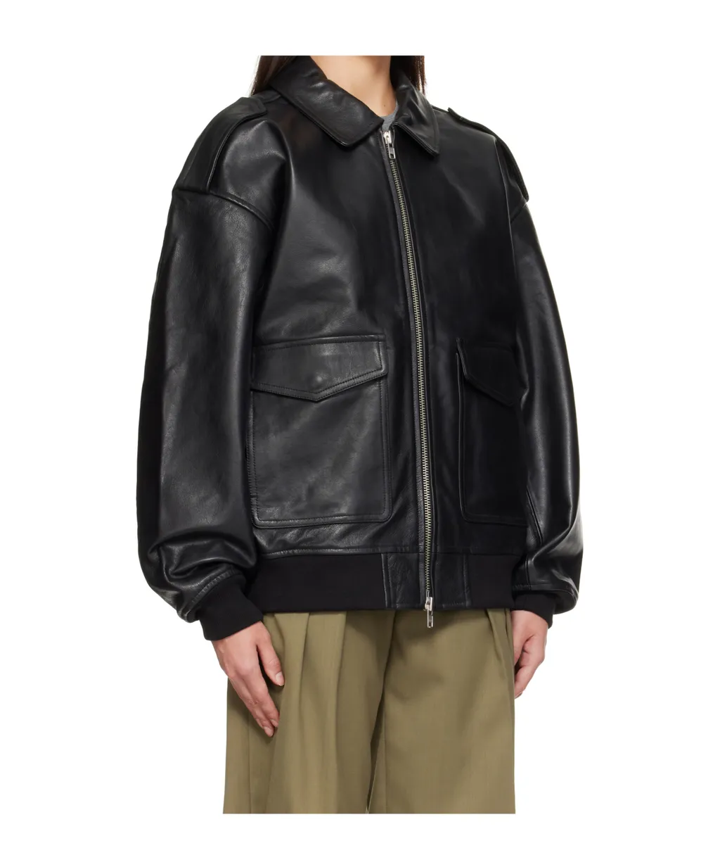 Classic-Collar Pocketed Leather Jacket