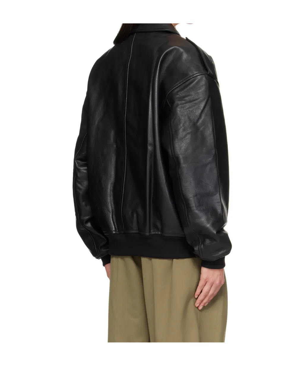 Classic-Collar Pocketed Leather Jacket