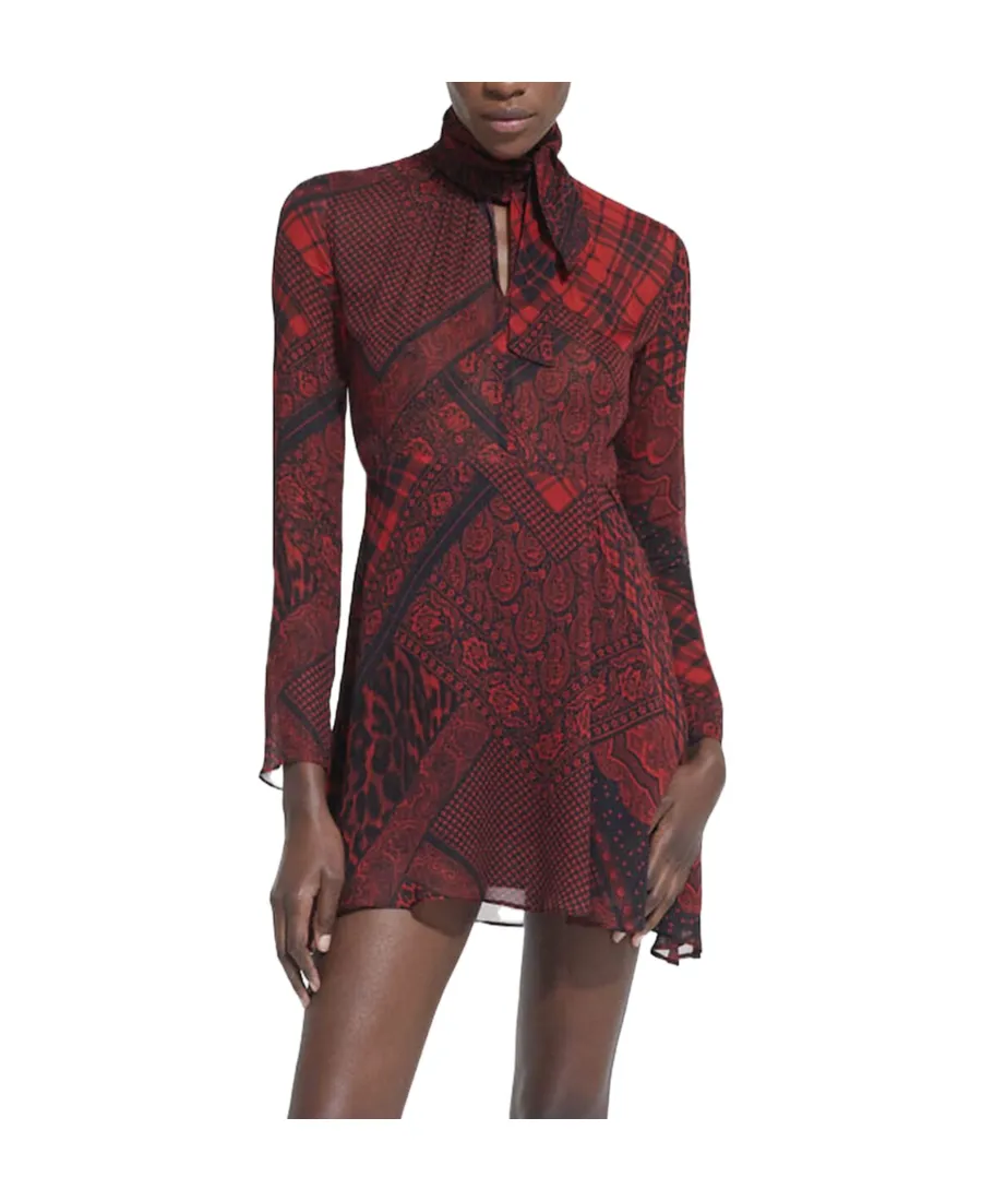 Patchwork Print Mini Dress With Bow