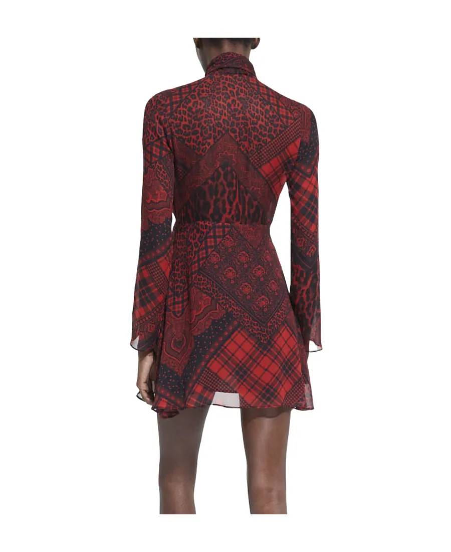 Patchwork Print Mini Dress With Bow
