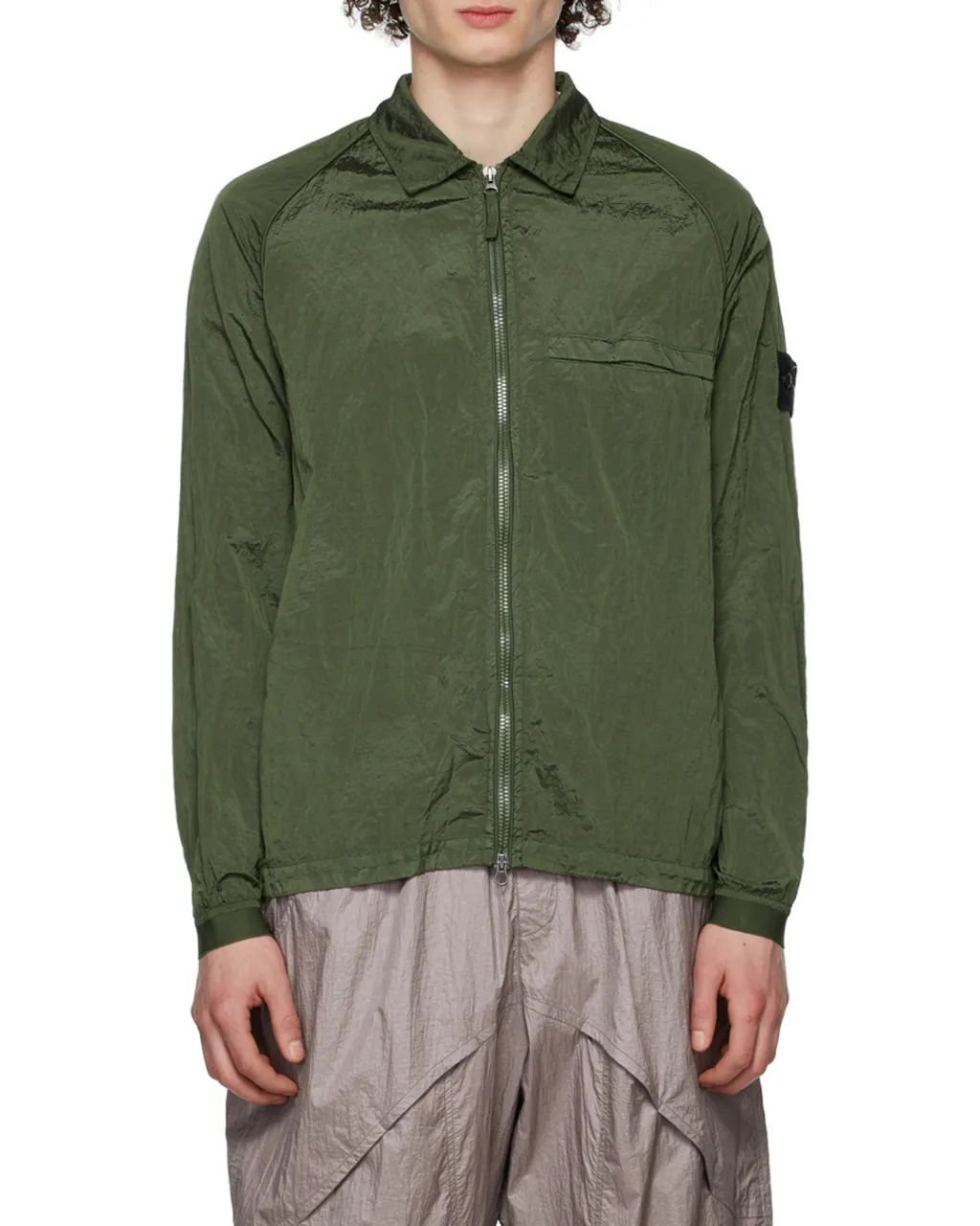 Compass-Patch Crinkled Zip-Up Overshirt