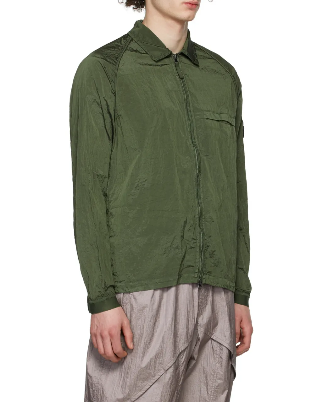 Compass-Patch Crinkled Zip-Up Overshirt