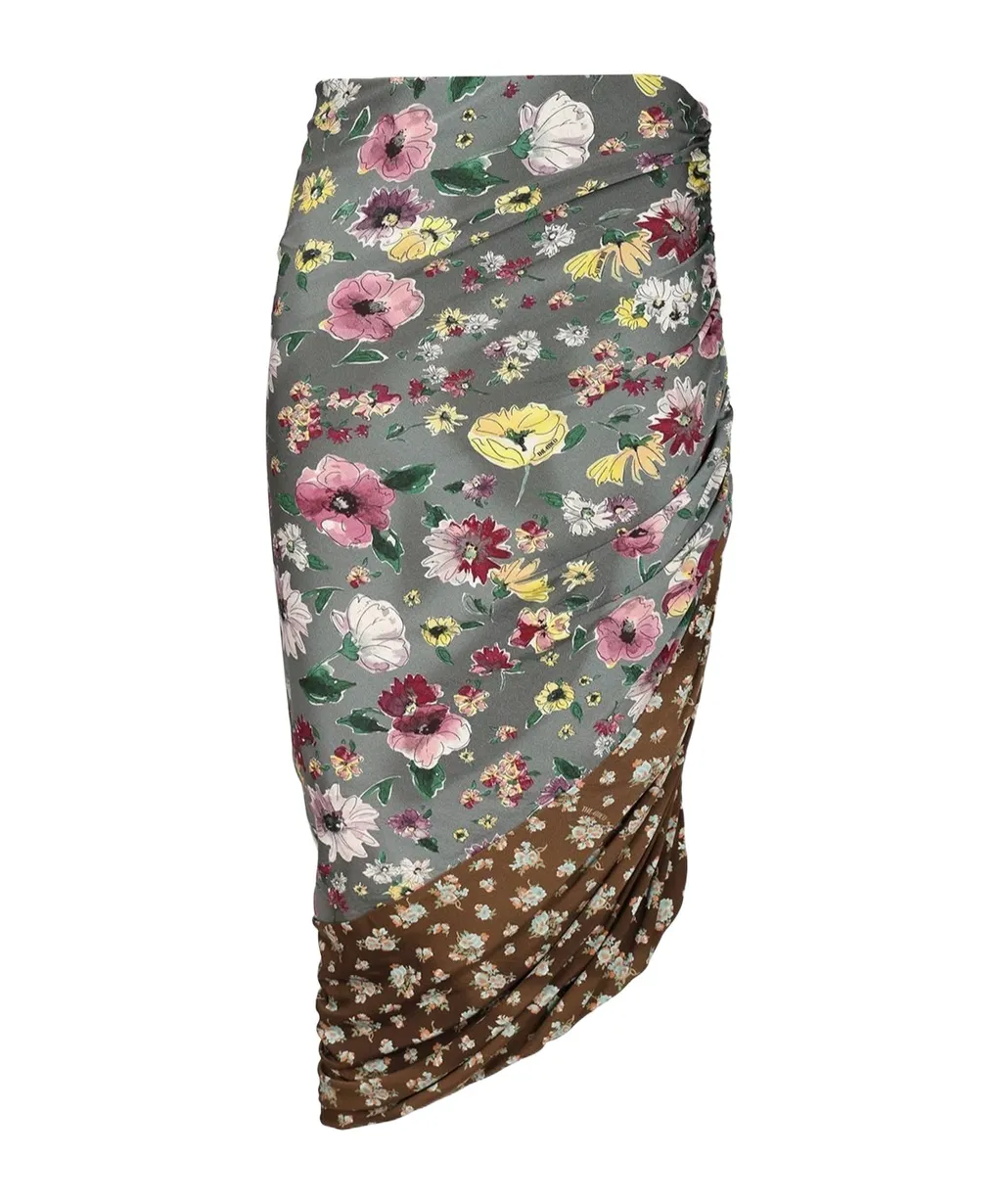 Floral Printed Asymmetric Draped Midi Skirt