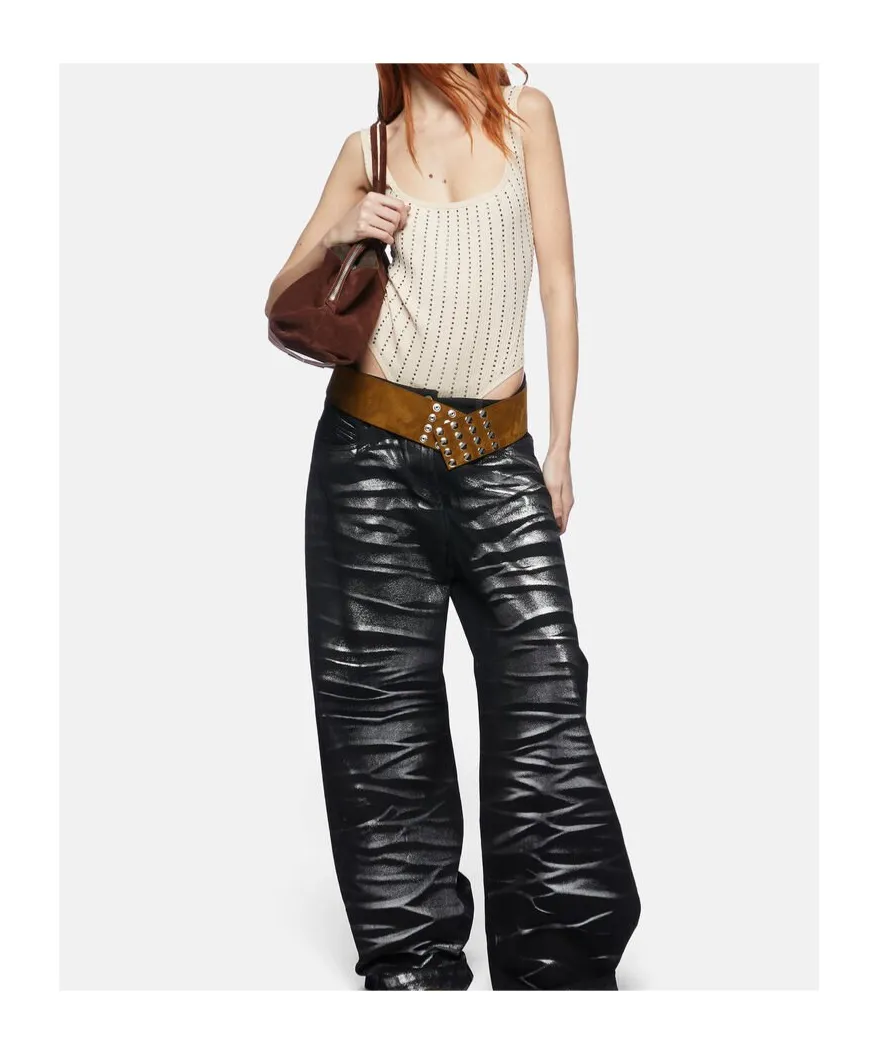 Faded Ecru Ribbed Studded Bodysuit