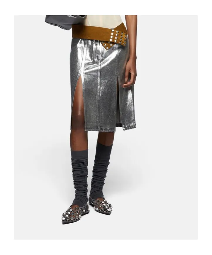 Side Slit Coated Denim Midi Skirt