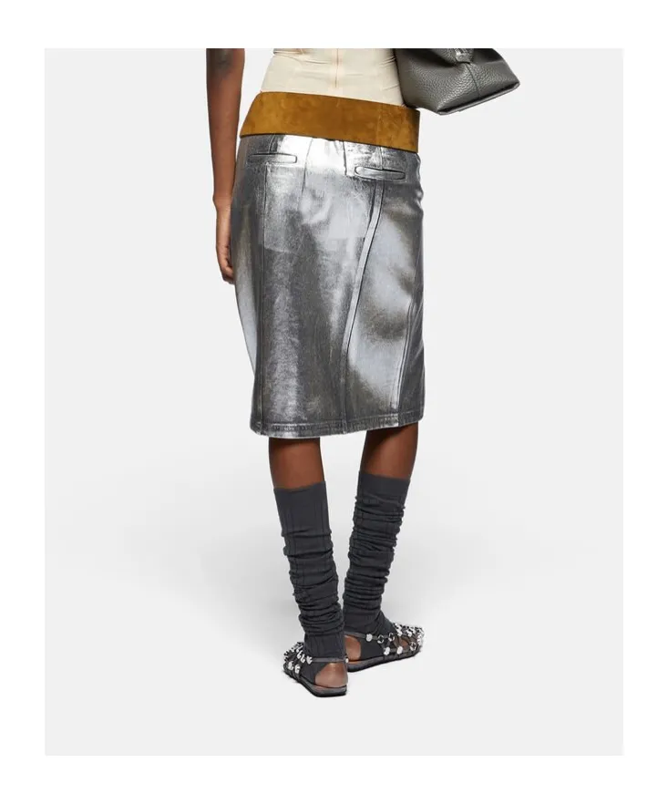Side Slit Coated Denim Midi Skirt