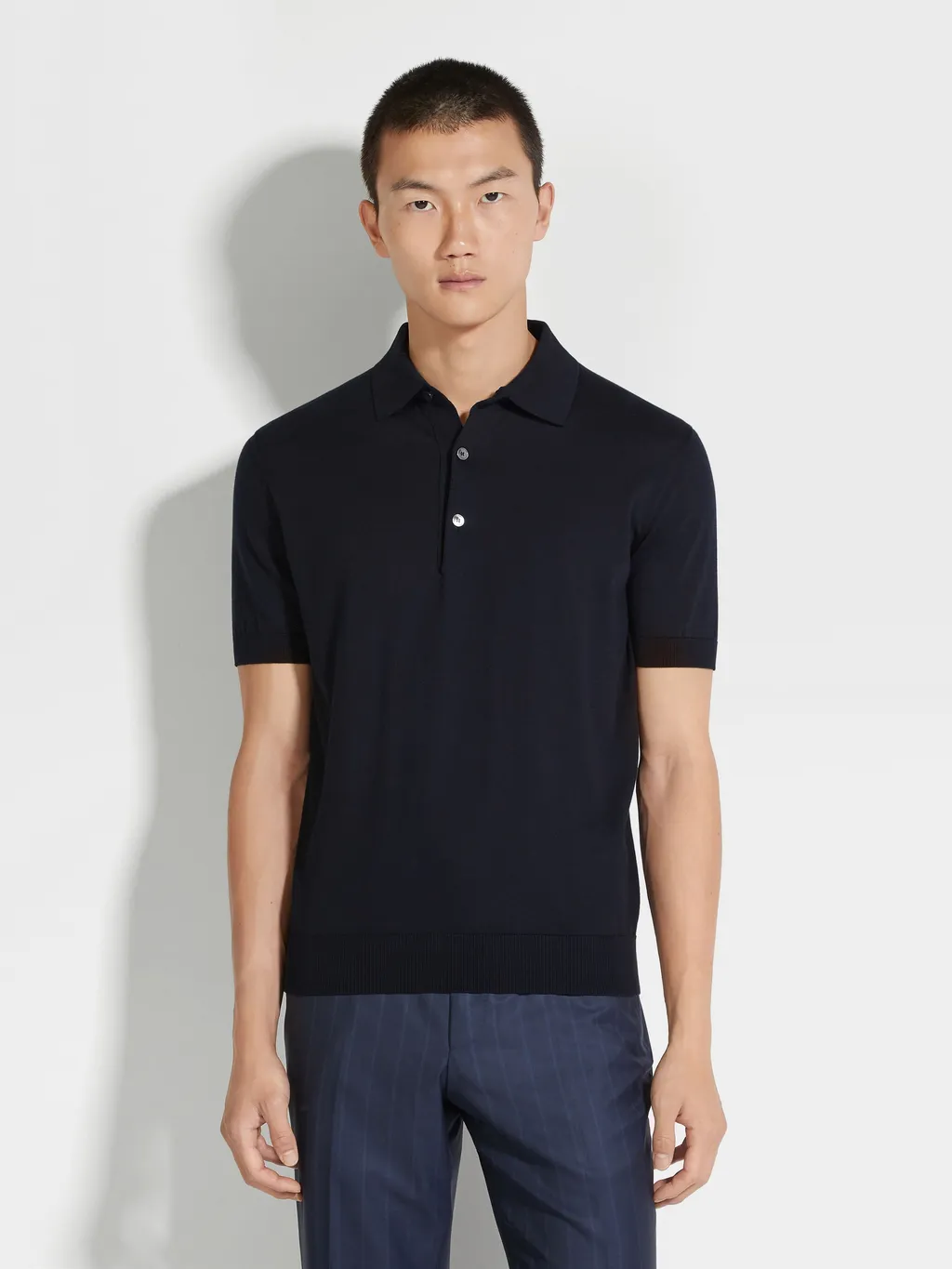 Ribbed-Trim Cotton Polo Shirt