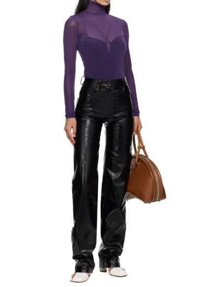Loose Straight Granular Leather Pants