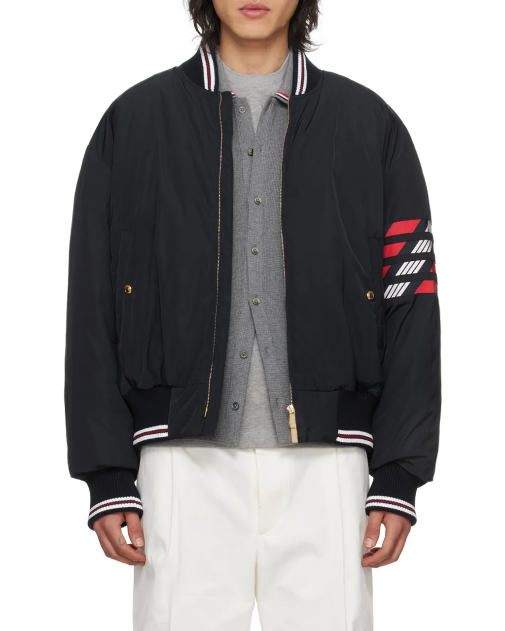 4-Bar Striped Zipped Puffer Bomber Jacket