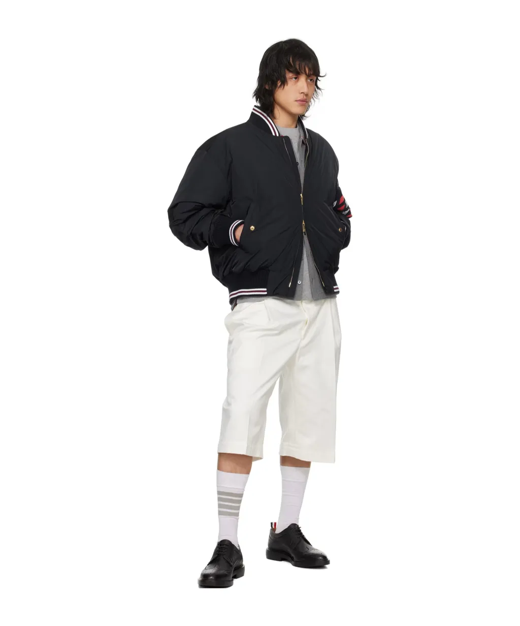 4-Bar Striped Zipped Puffer Bomber Jacket