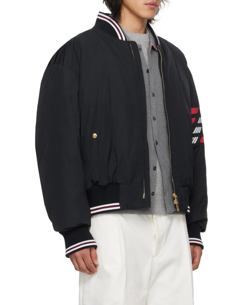 4-Bar Striped Zipped Puffer Bomber Jacket
