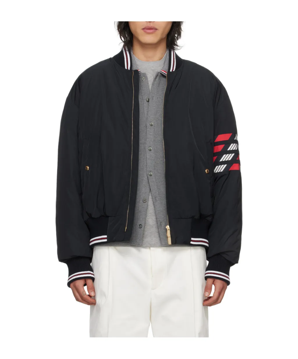 4-Bar Striped Zipped Puffer Bomber Jacket