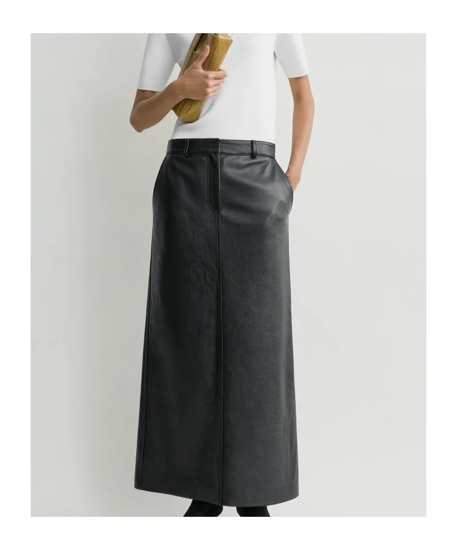 Grained-Leather Straight Maxi Skirt
