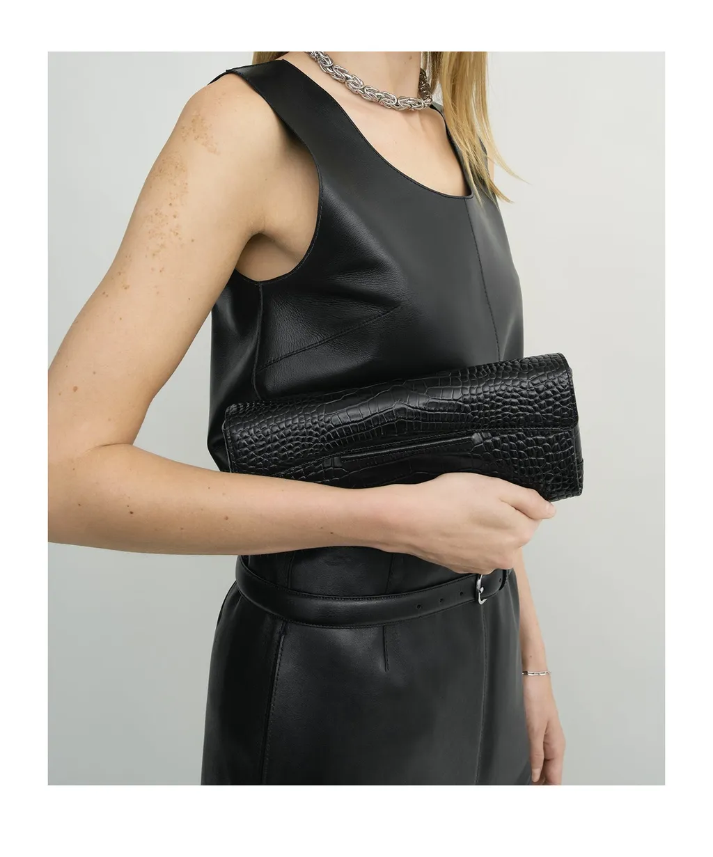 Croc-Embossed Flap Clutch Bag