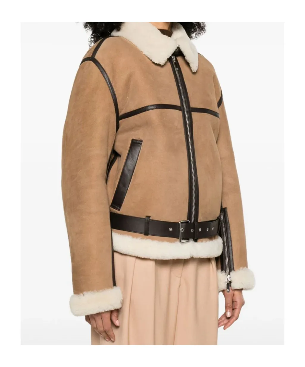 Shearling-Trim Zip-Up Suede Jacket