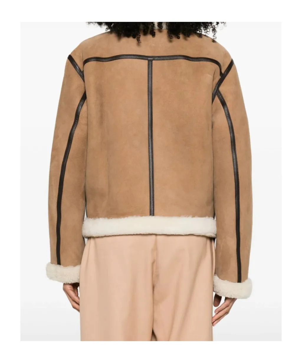 Shearling-Trim Zip-Up Suede Jacket