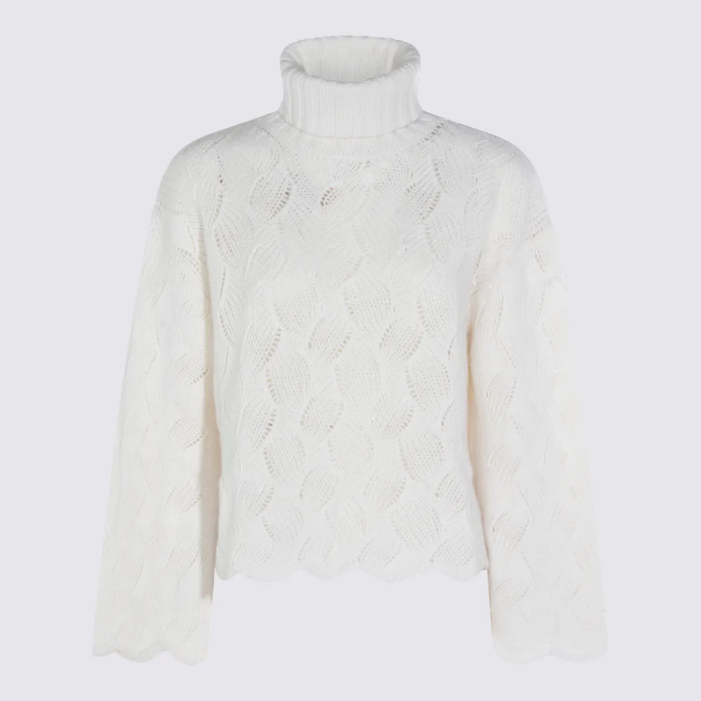 High-Necked Sweater With Lace Cuffs And Hem