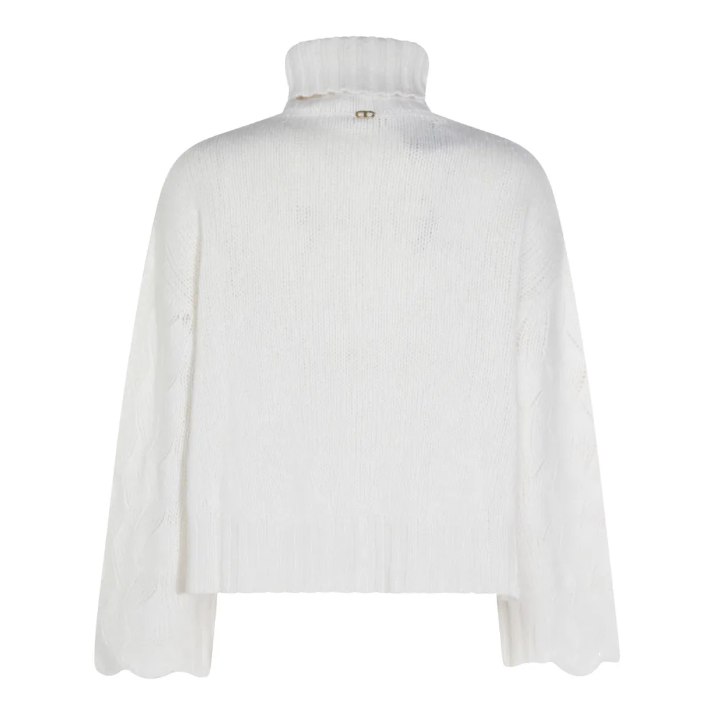 High-Necked Sweater With Lace Cuffs And Hem