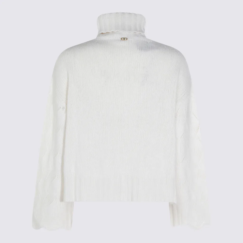 High-Necked Sweater With Lace Cuffs And Hem