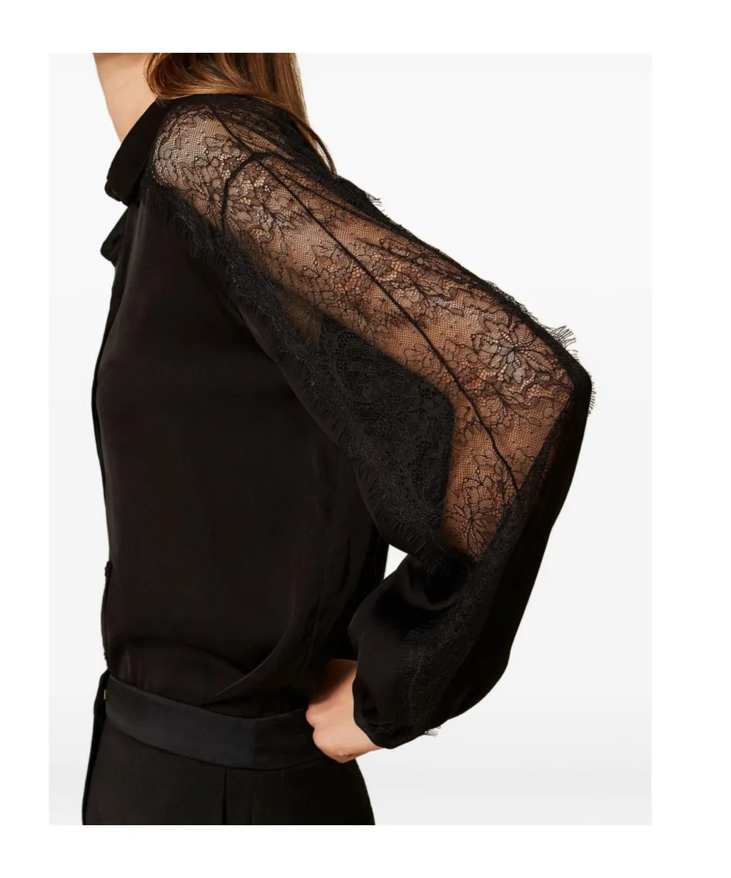 Lace-Detailing Satin Shirt