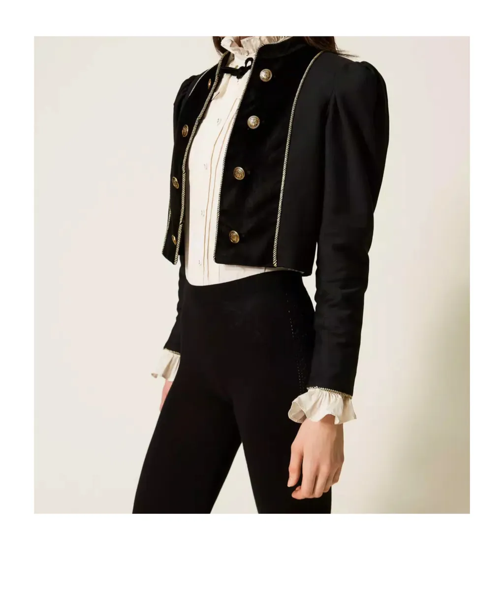 Velvet-Trimmed Puff-Sleeve Jacket