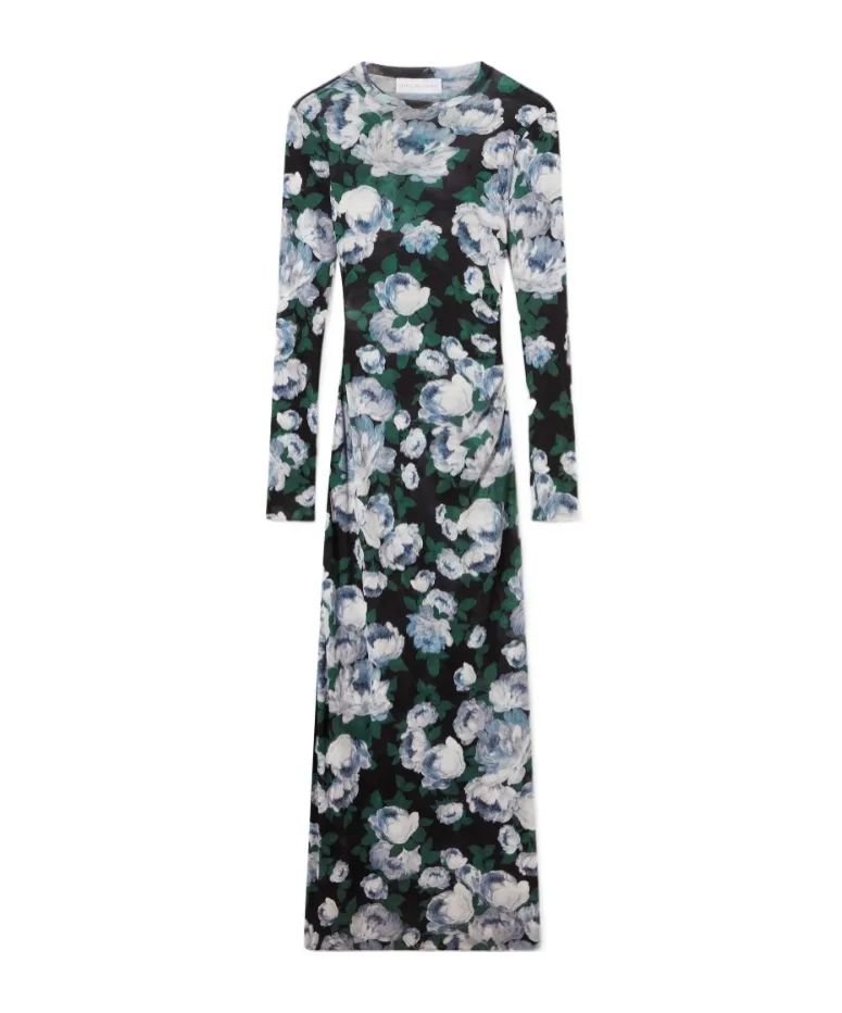 Floral Long-Sleeve Mesh Midi Dress
