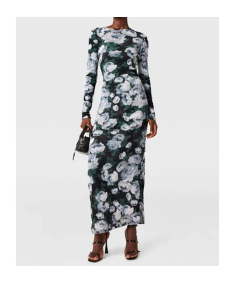 Floral Long-Sleeve Mesh Midi Dress
