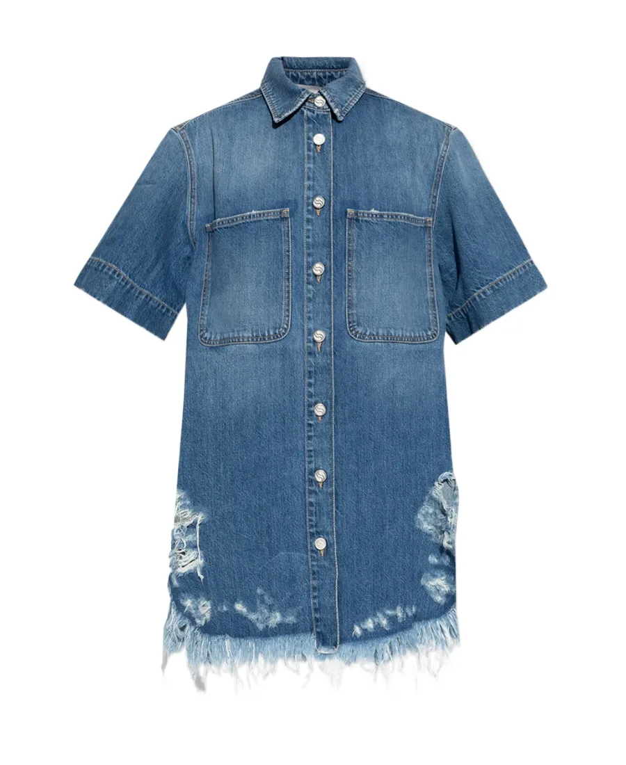 Ripped-Hem Buttoned Denim Shirt